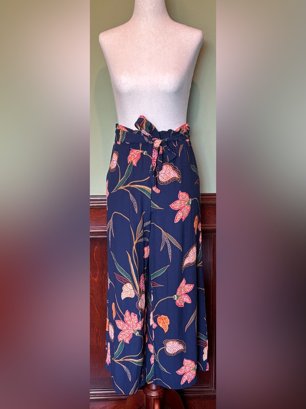 LOFT Navy Floral Wide-Leg Paperbag Waist Pants